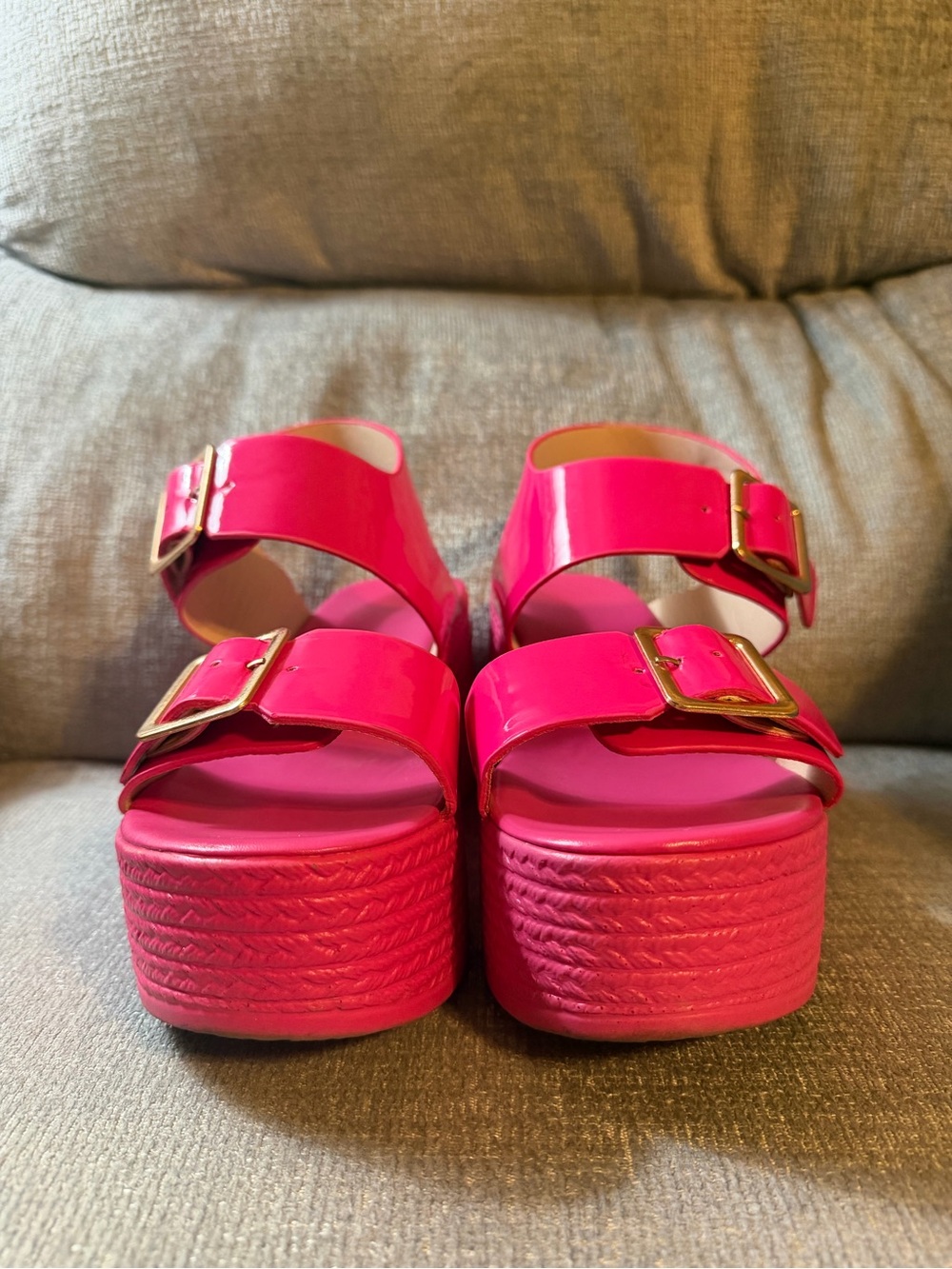 Women’s Hot Pink Platform Sandals with Gold Buckles
